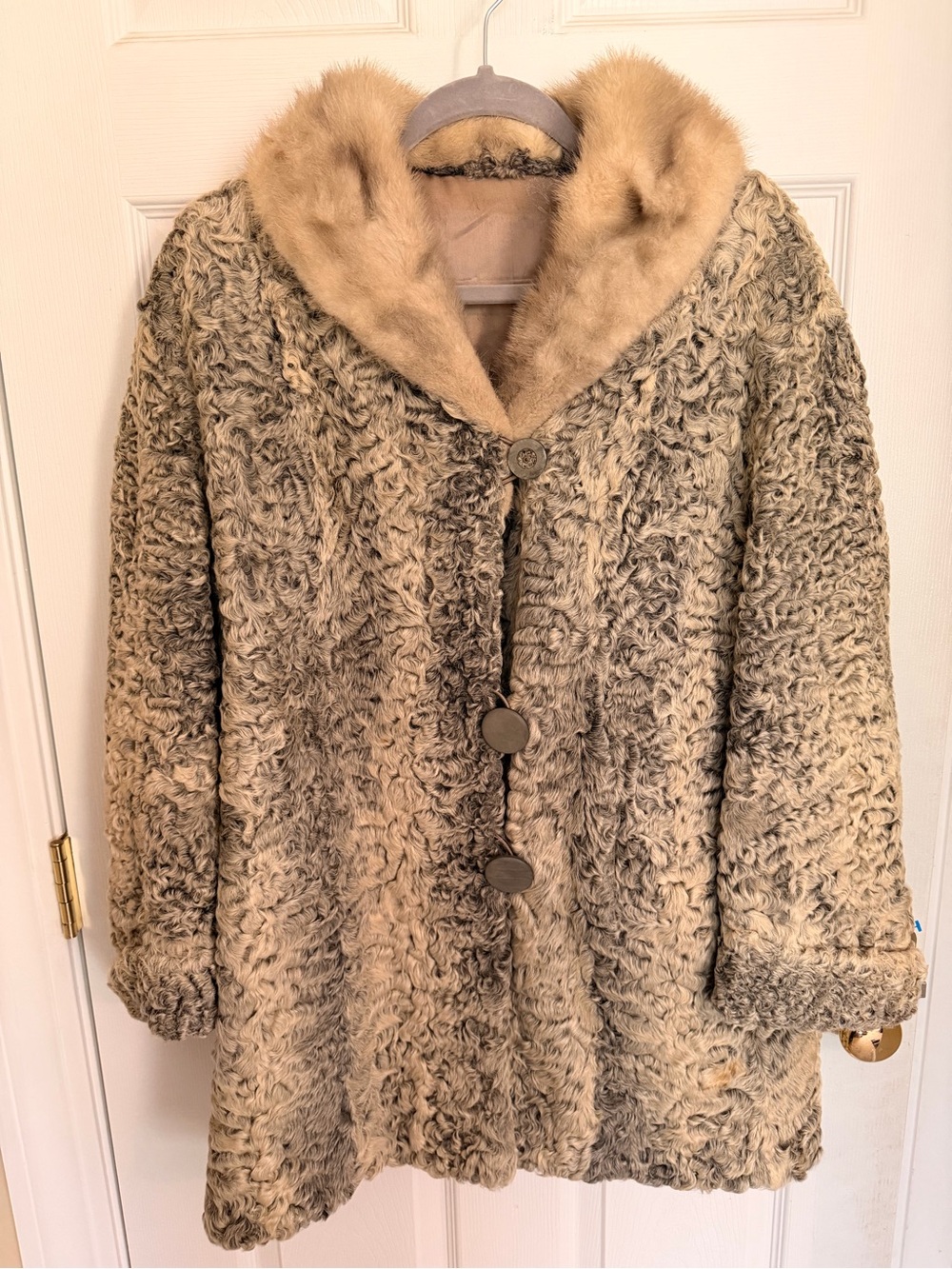 Vintage Persian Lamb Fur Coat with Mink Collar - Curly Lambswool